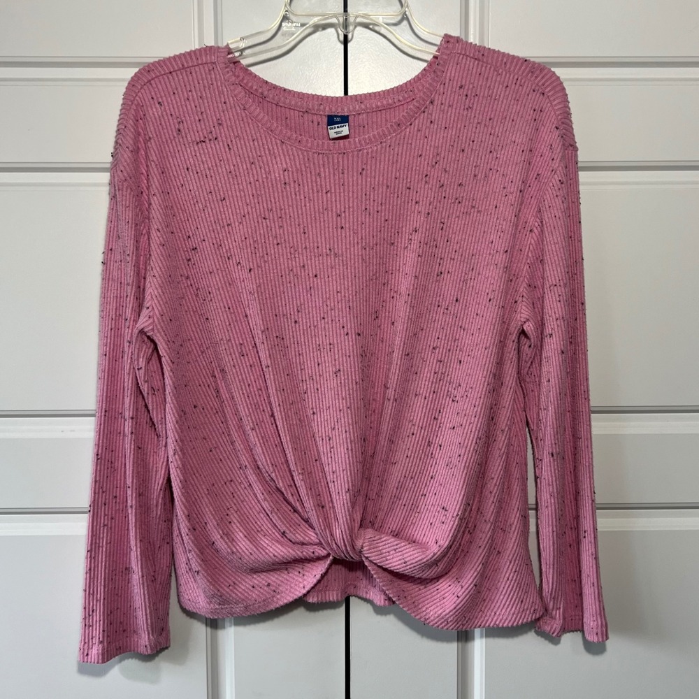 Old Navy Twist Front Top Kids XXL 18 Pink Ribbed Speckled Long Sleeve